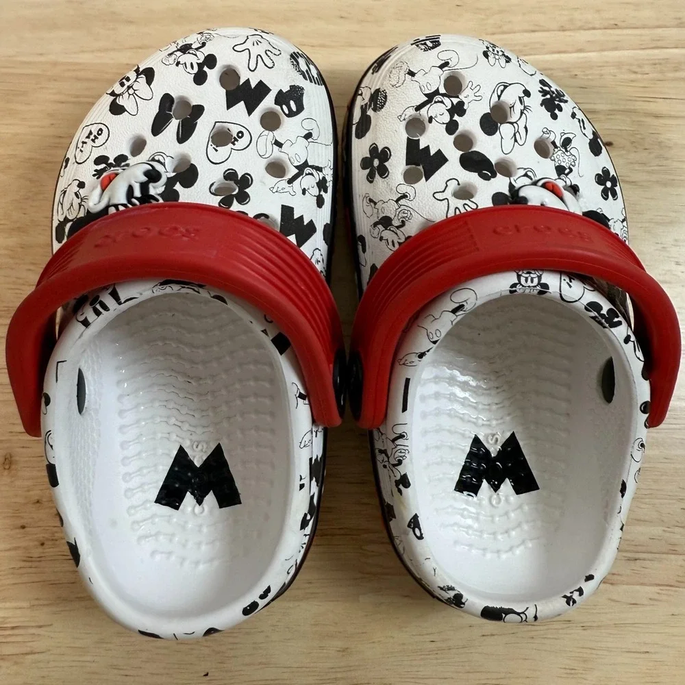 CROCS Kids White Black Mickey & Minnie Character Clogs with Red Strap